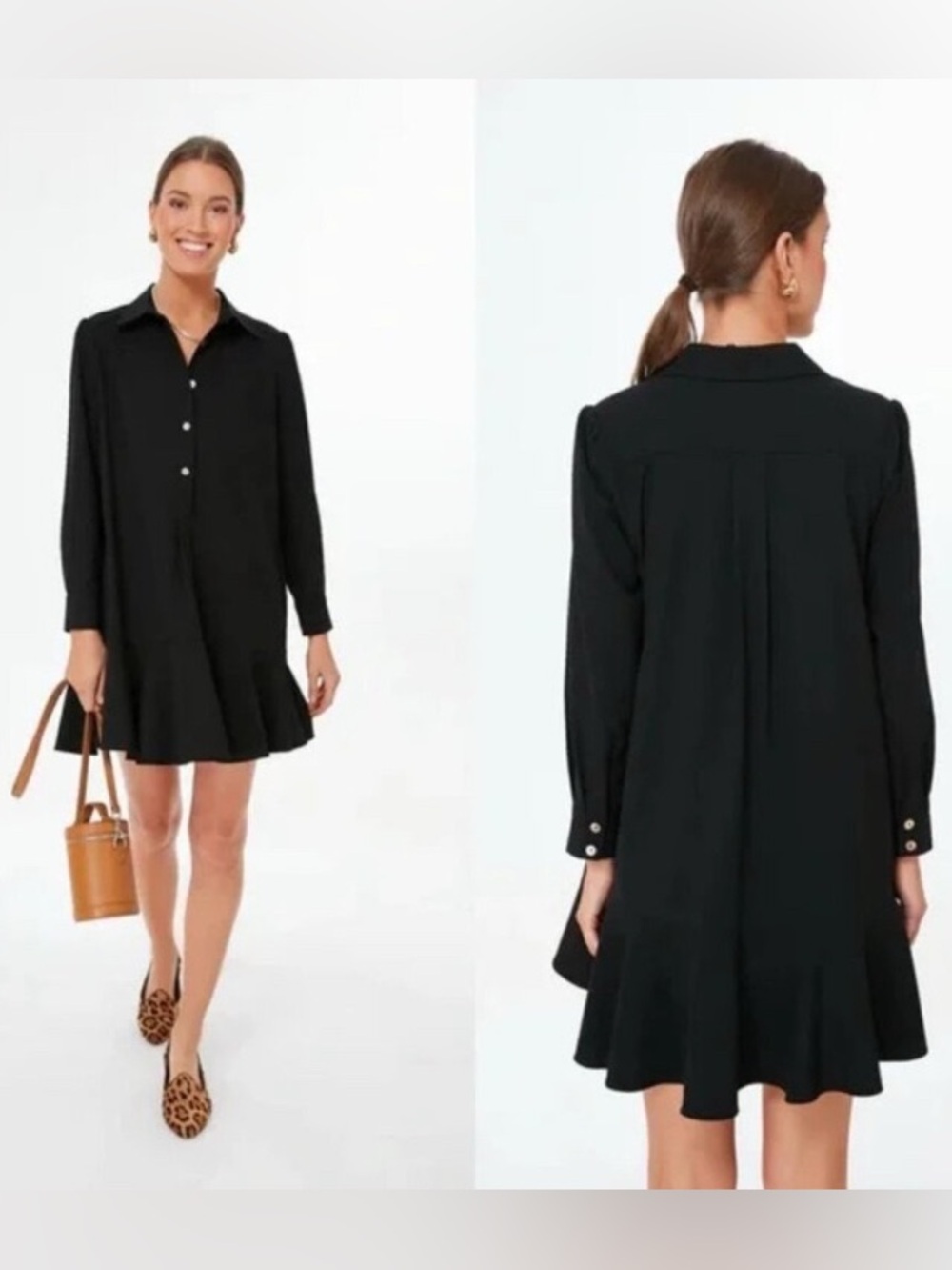 NWOT Tuckernuck Black Callahan Button-Front Ruffle Hem Mini Shirt Dress, XS